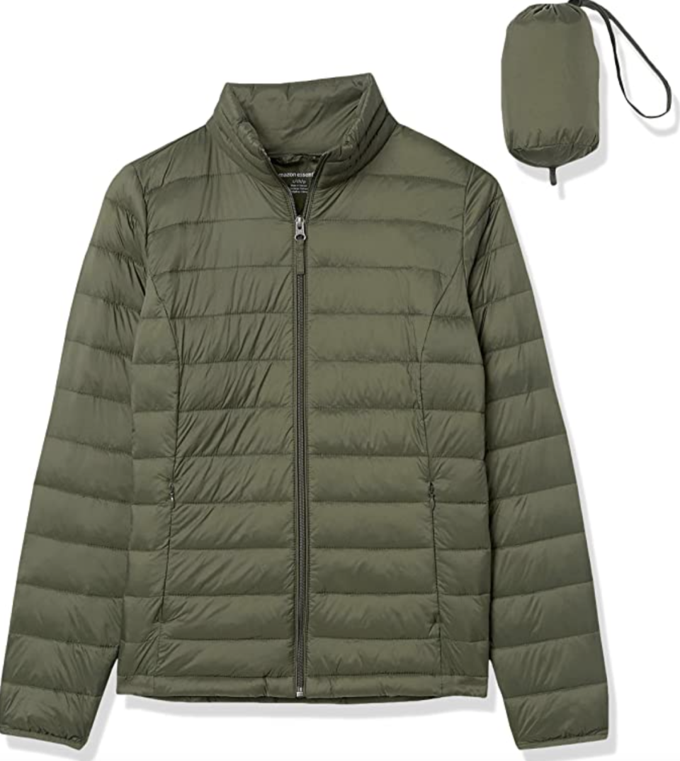 Amazon Essentials Water-Resistant Packable Puffer Jacket in olive with packed jacket in bag (Photo via Amazon)