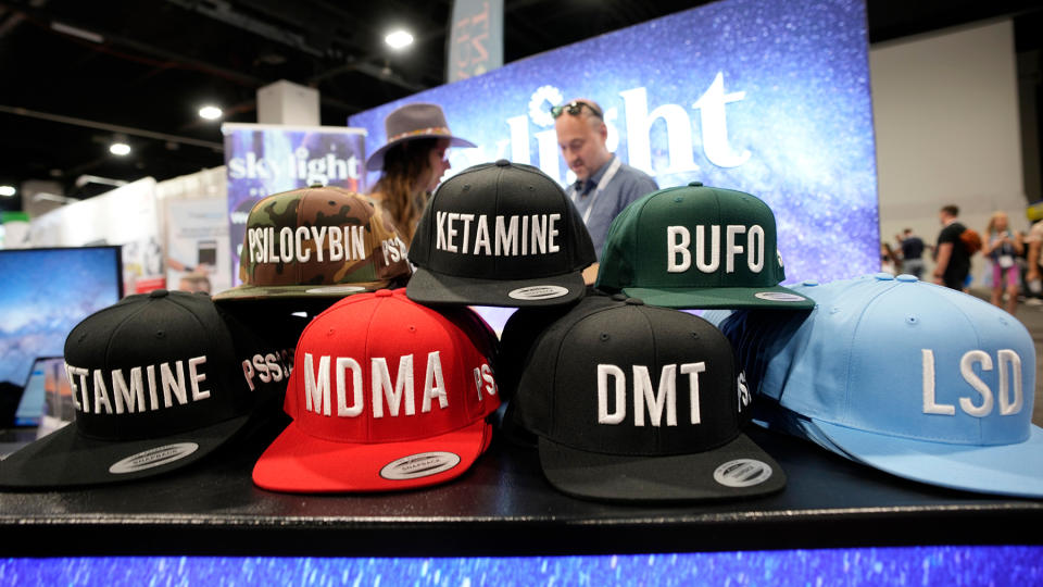 Exhibitor displays goods at the Psychedelic Science conference in the Colorado Convention Center Wednesday, June 21, 2023, in Denver. (AP Photo/David Zalubowski)