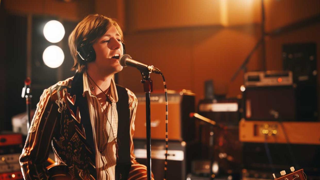  An AI-generated image of Steve Marriott singing in a recording studio in 1971. 