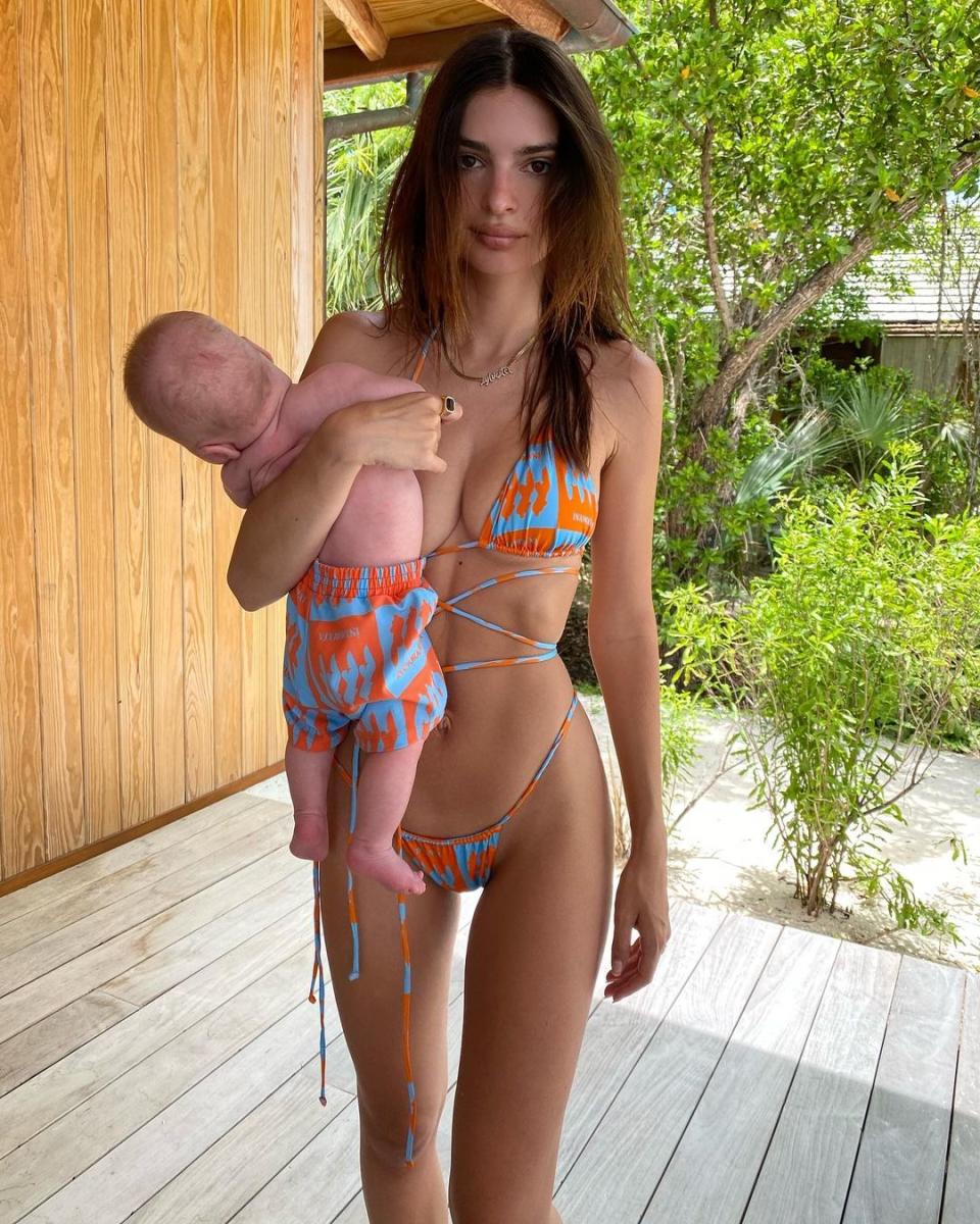 <p>Emily Ratajkowski and her baby Sylvester "Sly" <a href="https://people.com/parents/emily-ratajkowski-holds-baby-sly-matching-bathing-suit/" rel="nofollow noopener" target="_blank" data-ylk="slk:rocked matching swimwear;elm:context_link;itc:0;sec:content-canvas" class="link ">rocked matching swimwear</a> in a sweet summertime snap. The 3-month-old wore blue and orange trunks, while Mom wore a string bikini in the same pattern. </p>