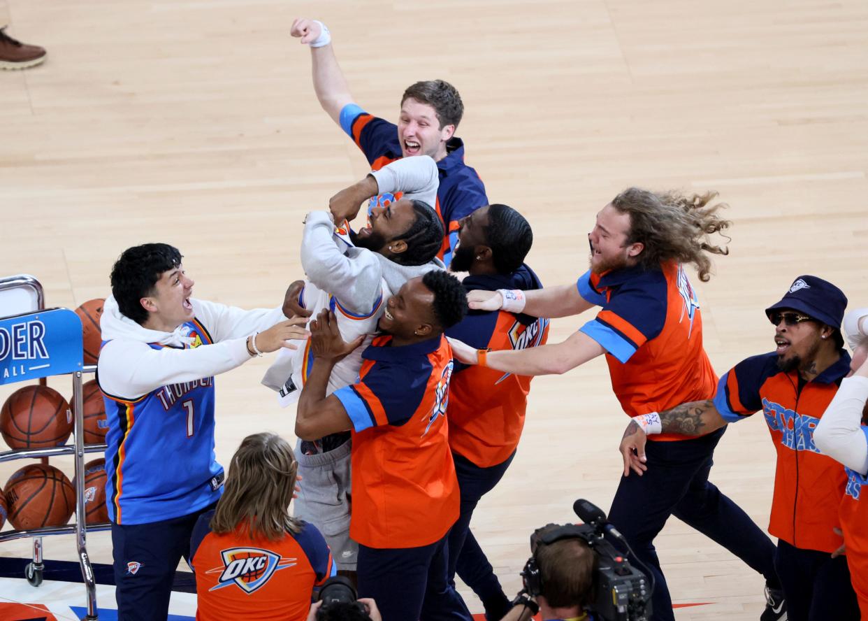 Thunder fan Jaylen O’Conner wins $20,000 and OKC's millionth playoff T-shirt during Game 1 of the NBA basketball playoff series between the Oklahoma City Thunder and the New Orleans Pelicans at Paycom Center in Oklahoma CIty, Sunday, April 21, 2024.