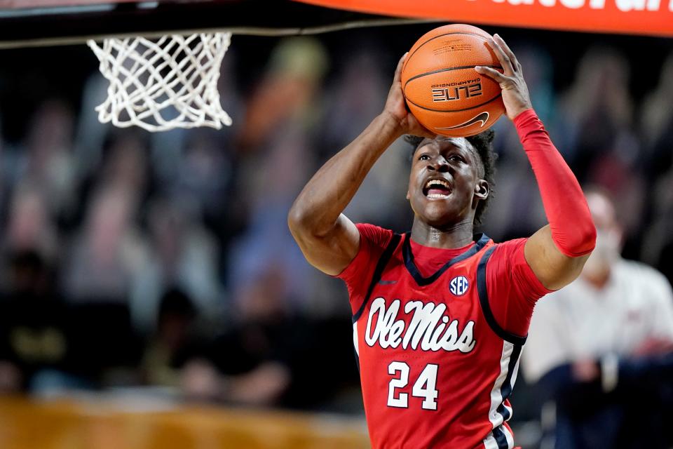 Mississippi's Jarkel Joiner shoots in the second half of an NCAA college basketball game against Vanderbilt Saturday, Feb. 27, 2021, in Nashville, Tenn. (AP Photo/Mark Humphrey)