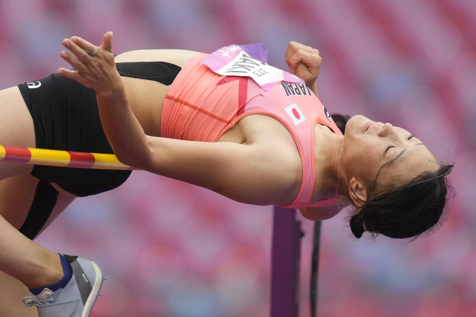 Japan's Yuki Yamasaki competes during the women's heptathlon high jump at the 19th Asian Games in Hangzhou, China, Saturday, Sept. 30, 2023. (AP Photo/Lee Jin-man)