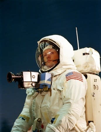 Handout photo of Apollo 11 astronaut Neil Armstrong wearing a mounted camera