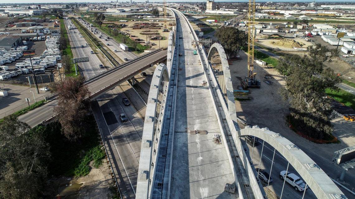 The Cedar Avenue viaduct of the California High-Speed Rail project crosses over Highway 99 south of Fresno while still under construction on Friday, Feb. 17, 2023.