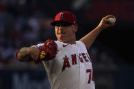 Los Angeles Angels starting pitcher Jhonathan Diaz throws to the plate during the first inning of a baseball game against the New York Mets Friday, June 10, 2022, in Anaheim, Calif. (AP Photo/Mark J. Terrill)