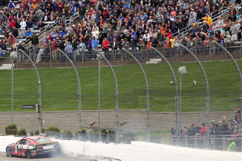 MARTINSVILLE, VIRGINIA - OCTOBER 30: Ross Chastain, driver of the #1 Moose Fraternity Chevrolet, rides the wall on the final lap of the NASCAR Cup Series Xfinity 500 at Martinsville Speedway on October 30, 2022 in Martinsville, Virginia. (Photo by Stacy Revere/Getty Images)