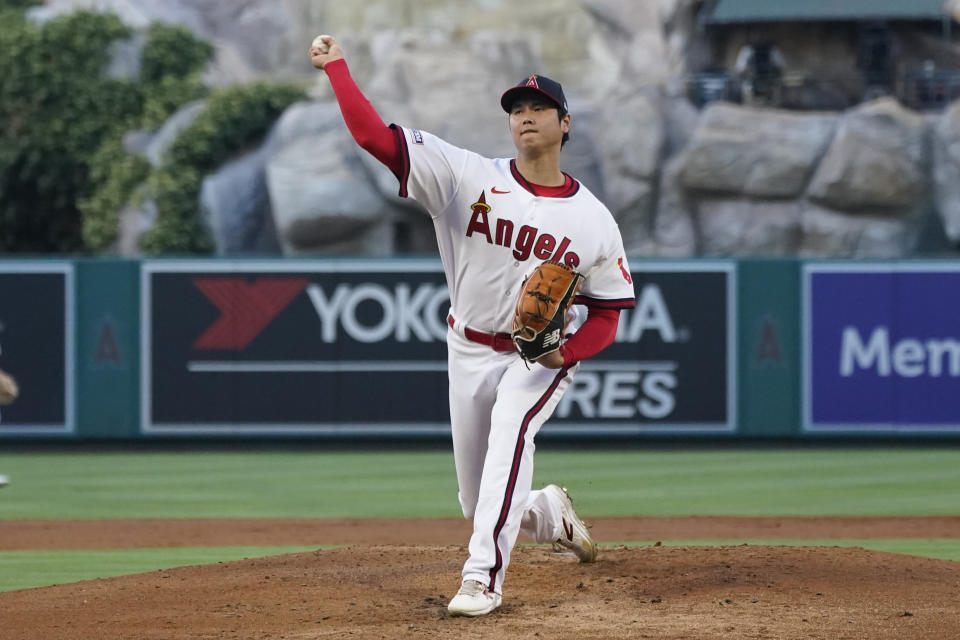 Los Angeles Angels starting pitcher Shohei Ohtani (17) throws during a baseball game against the Pittsburgh Pirates in Anaheim, Calif., Friday, July 21, 2023. (AP Photo/Ashley Landis)