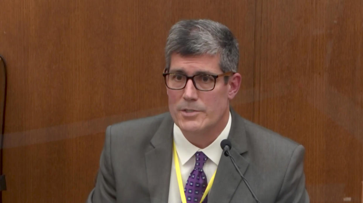 Dr. Andrew Baker, Hennepin County Medical Examiner's Office, testifies in the Derek Chauvin trial in Minneapolis, MN. on April 9, 2021. (Court TV via Reuters Video)
