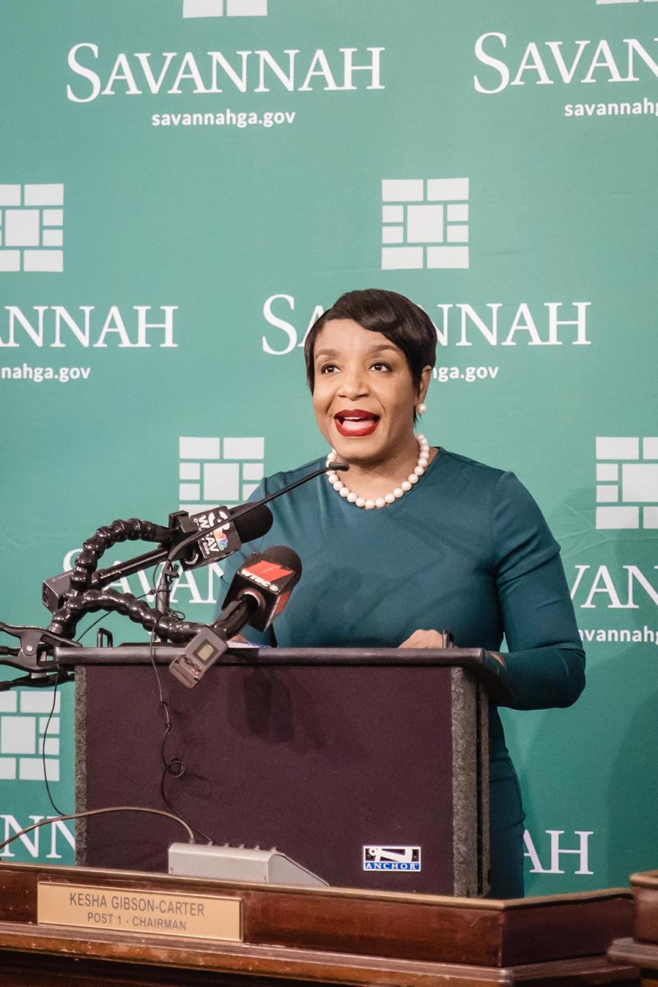 Alberwoman Kesha Gibson-Carter speaks during a press conference at Savannah City Hall. Several of her fellow council members filed an ethics complaint against her.