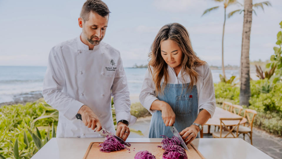 After forging the knife, a chef at the resort gives you a tutorial. - Credit: Four Seasons Hualalei