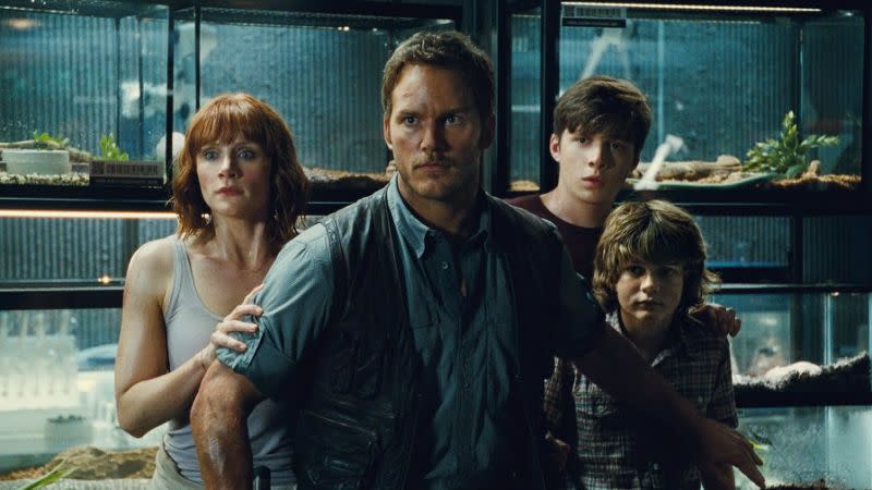 Bryce Dallas Howard, Chris Pratt, Nick Robinson and Ty Simpkins in 'Jurassic World'. (Credit: Universal)