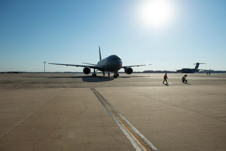 A Boeing KC-46A lands for an unveiling ceremony at Joint Base McGuire-Dix-Lakehurst Tuesday, Nov. 9, 2021 in Burlington County, NJ.