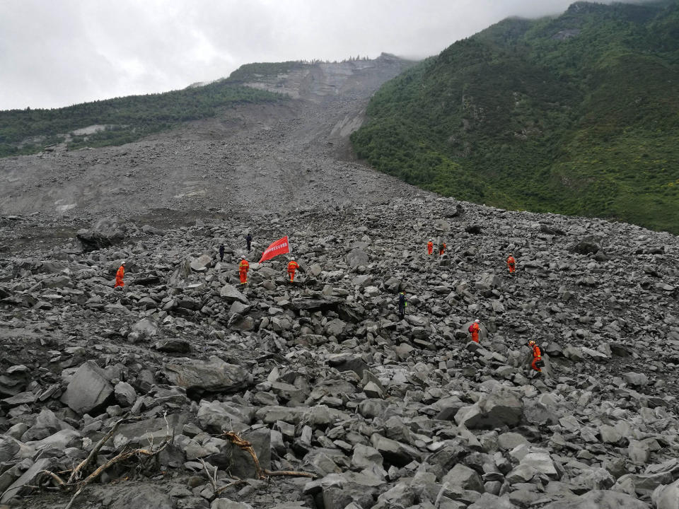 <p>General view of the accident site after a landslide at Xinmo Village of Maoxian County on June 24, 2017 in Tibetan and Qiang Autonomous Prefecture, Sichuan Province of China. (Photo: Zhong Xin/China News Service/VCG via Getty Images) </p>