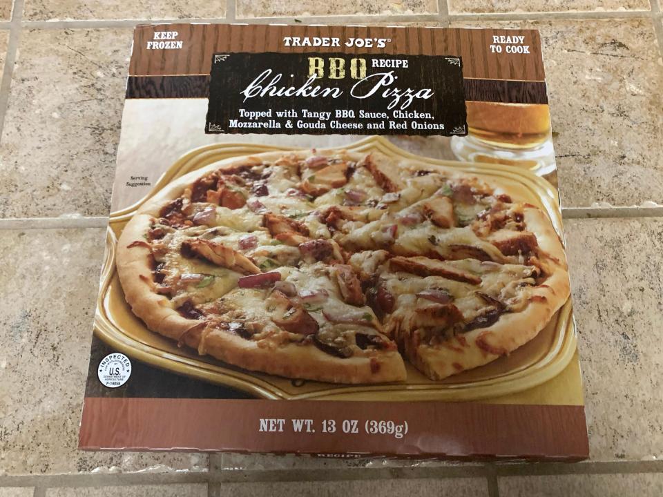 brown and white Trader Joe's box of barbecue chicken pizza