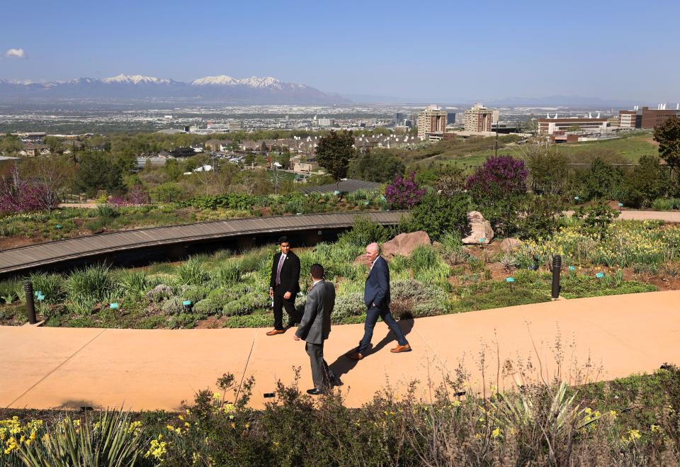 Gov. Spencer Cox leaves the kickoff press conference of the Guiding Our Growth statewide survey at Red Butte Garden in Salt Lake City on Thursday, May 11, 2023. The survey asks Utahns what they want for the future of the state when it comes to housing, water, transportation, open space and recreation. Utahns are invited to take the survey at https://guidingourgrowth.utah.gov/. | Laura Seitz, Deseret News