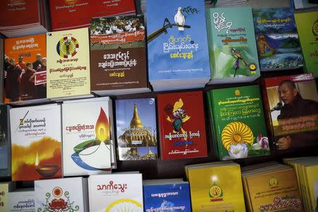 Books promoting nationalism published by Ma Ba Tha are seen at a bookshop at Ma Ba Tha's head office in Yangon August 26, 2015. REUTERS/Soe Zeya Tun