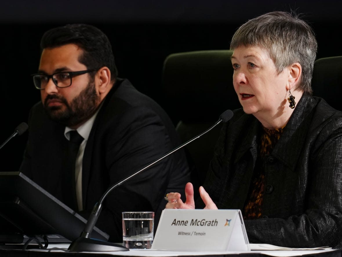 Azam Ishmael, left, and Anne McGrath appear as witnesses at the Public Inquiry Into Foreign Interference in Federal Electoral Processes and Democratic Institutions in Ottawa on Tuesday, April 2, 2024.  (The Canadian Press/Sean Kilpatrick - image credit)