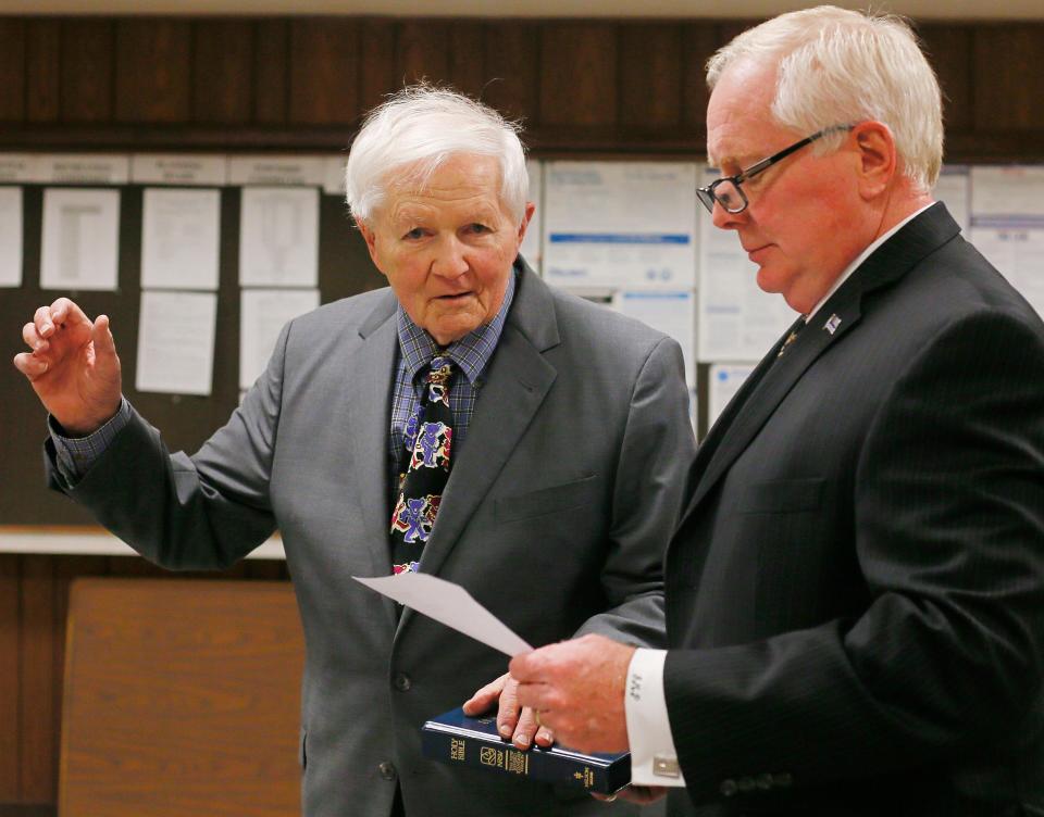 John Richardson is sworn in by County Clerk Jeff Parrott, during the Fredon Township Committee reorganization meeting Wednesday, Jan. 2, 2019.