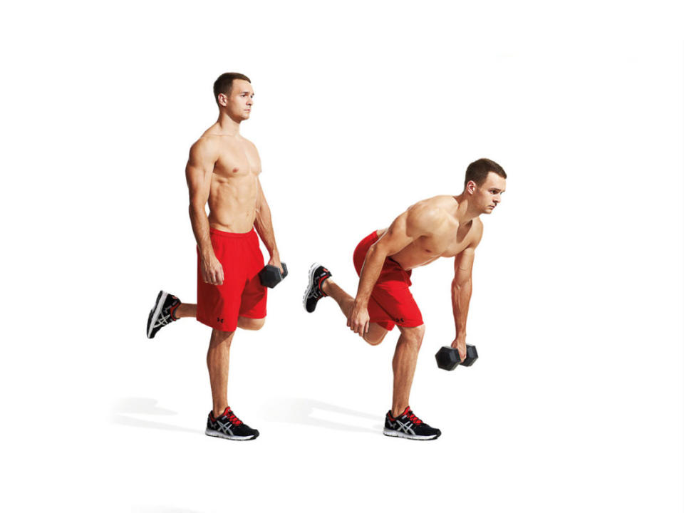 How to do it:<ol><li>Stand up tall with your left hand holding a dumbbell or kettlebell.</li><li>Raise your left foot off the floor, and bend your knee.</li><li>Your right foot will remain planted.</li><li>Engage your core, then drive both hips back into a hip hinge while simultaneously lowering the weight down your shin.</li><li>Reverse the motion and stand back up, squeezing your glutes at the top of the motion.</li><li>Complete all reps for the right side, then repeat on the left (hold the weight in your right hand and raise your right foot off the floor).</li></ol>