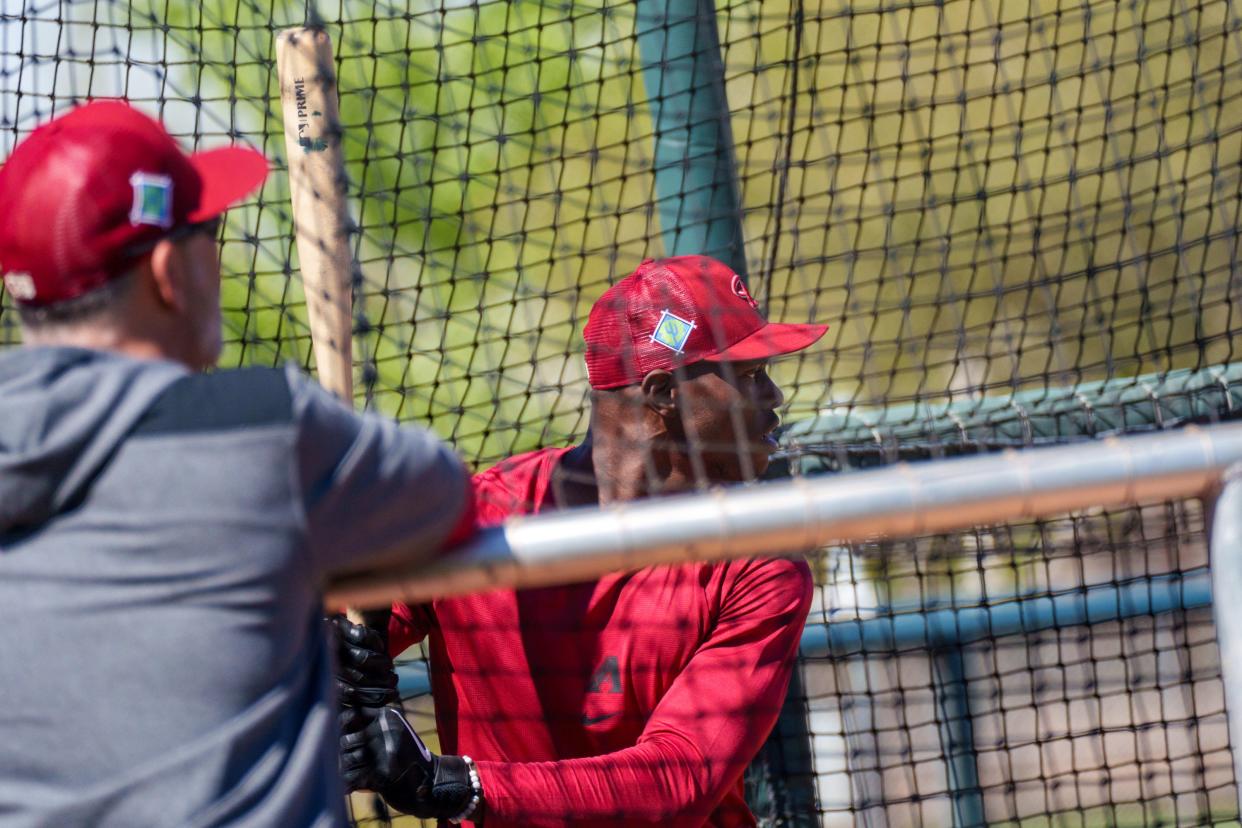 D-Backs prospect, outfielder Kristian Robinson, hits at batting practice during spring training at Salt River Fields on March 13, 2022, in Scottsdale, Arizona.