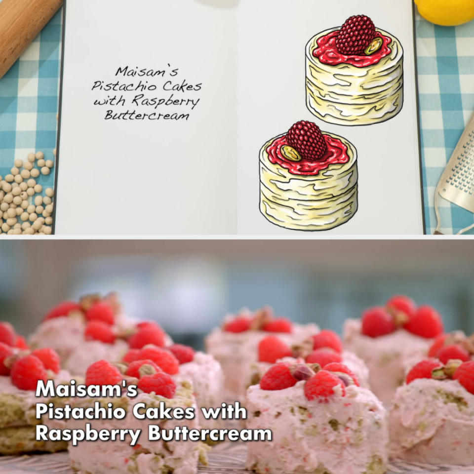 Drawing of Maisam's mini cakes side by side with the actual bake