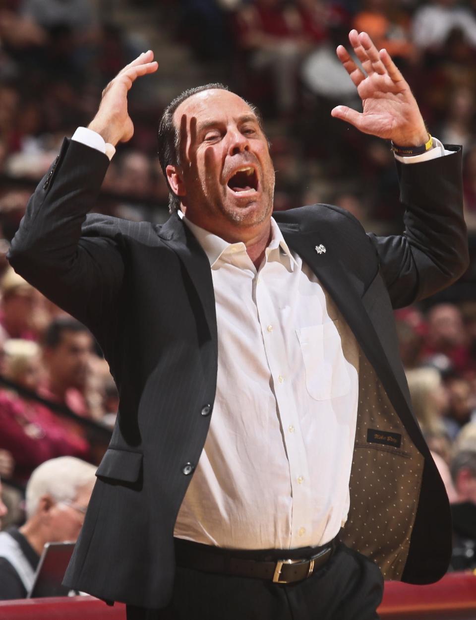 Notre Dame coach Mike Brey reacts late in the first half of an NCAA college basketball game against Florida State on Wednesday, Jan. 18, 2017, in Tallahassee, Fla. Brey was called for a technical foul. (AP Photo/Phil Sears)