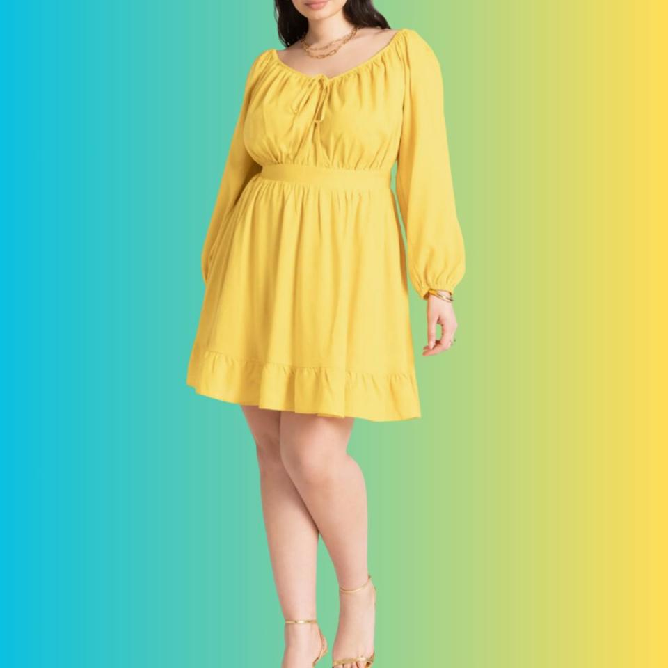 Model wearing the calendula yellow dress
