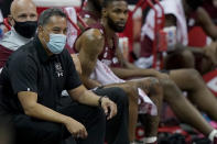 South Carolina head coach Frank Martin watches the first half of an NCAA college basketball game against Liberty, Saturday, Nov. 28, 2020, in Kansas City, Mo. (AP Photo/Charlie Riedel)