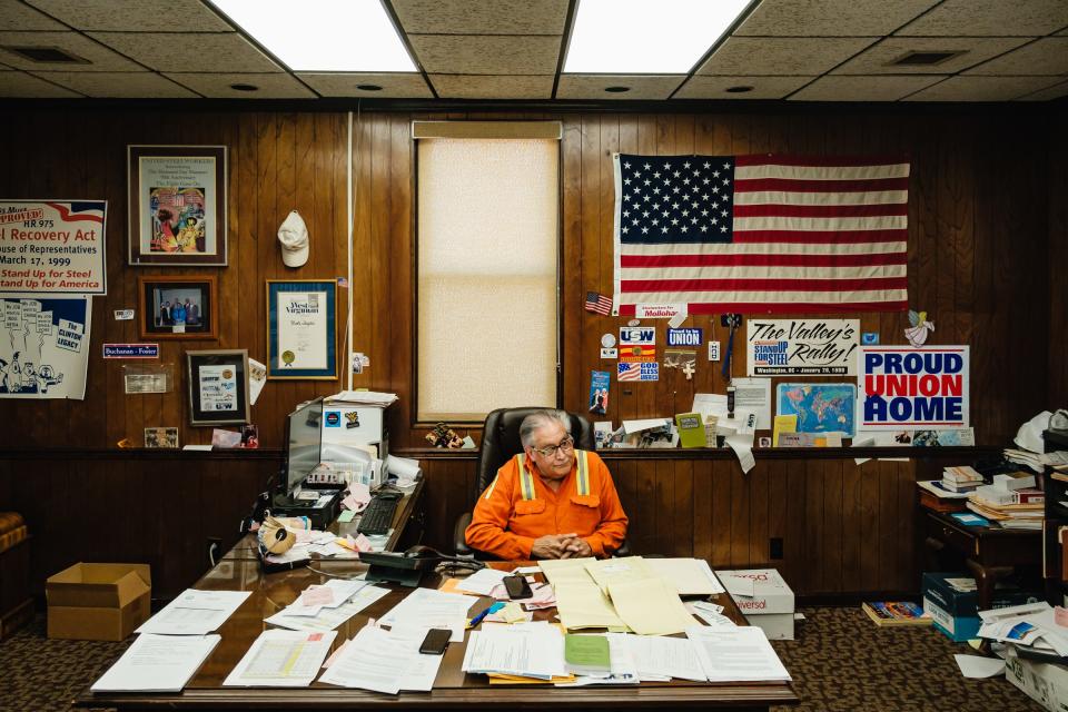 Mark Glyptis, president of United Steel Workers Local 2911, talks about his 50-year career as a steel worker as well as the gradual outsourcing of steel production through globalization while sitting in his office in Weirton, W.Va. "It’s either buy American or goodbye America, the way I see it," he said.