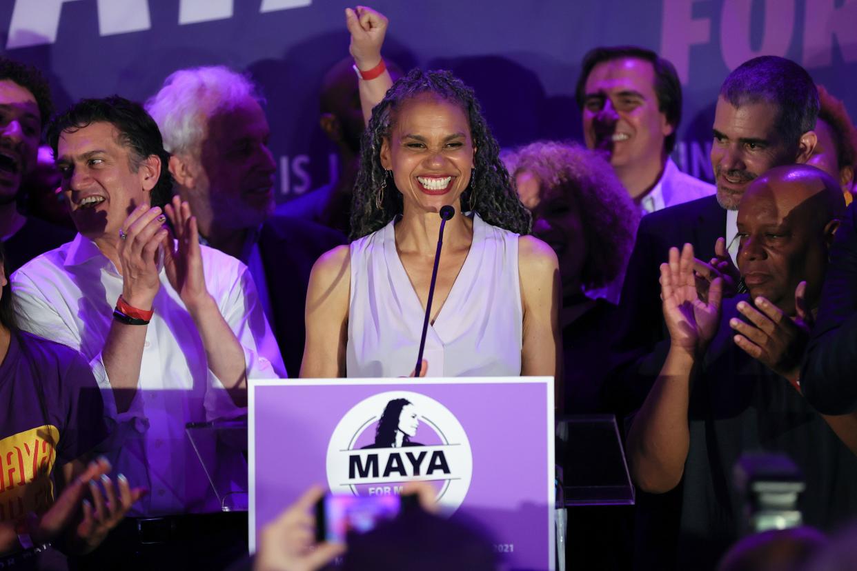 Democratic New York City mayoral candidate Maya Wiley addresses supporters at an evening gathering on June 22, 2021, in the Brooklyn borough of New York City.