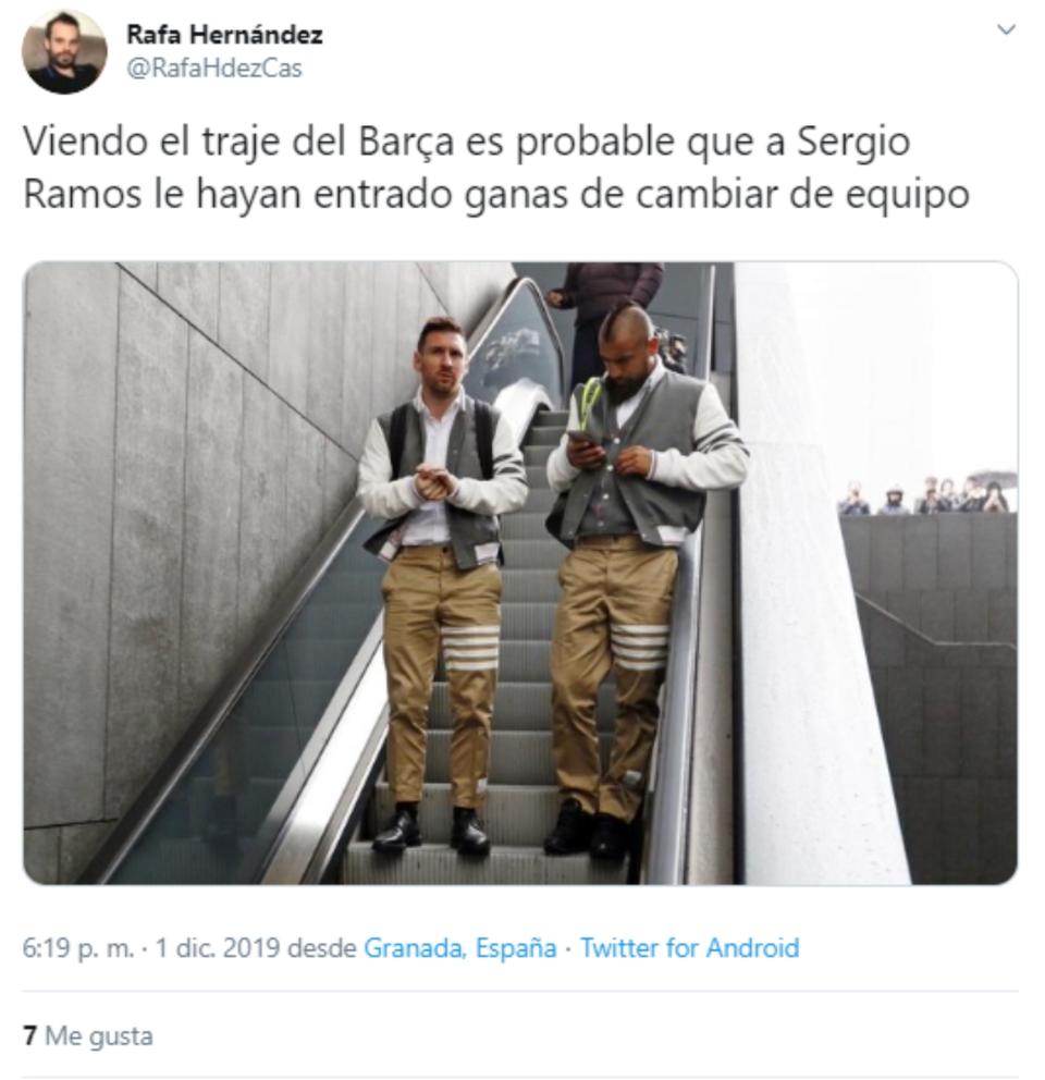 Según este usuario, al que quizás le gustó el traje fue a Sergio Ramos. (Foto: Twitter / <a href="http://twitter.com/RafaHdezCas/status/1201189084158464002" rel="nofollow noopener" target="_blank" data-ylk="slk:@RafaHdezCas;elm:context_link;itc:0;sec:content-canvas" class="link ">@RafaHdezCas</a>).