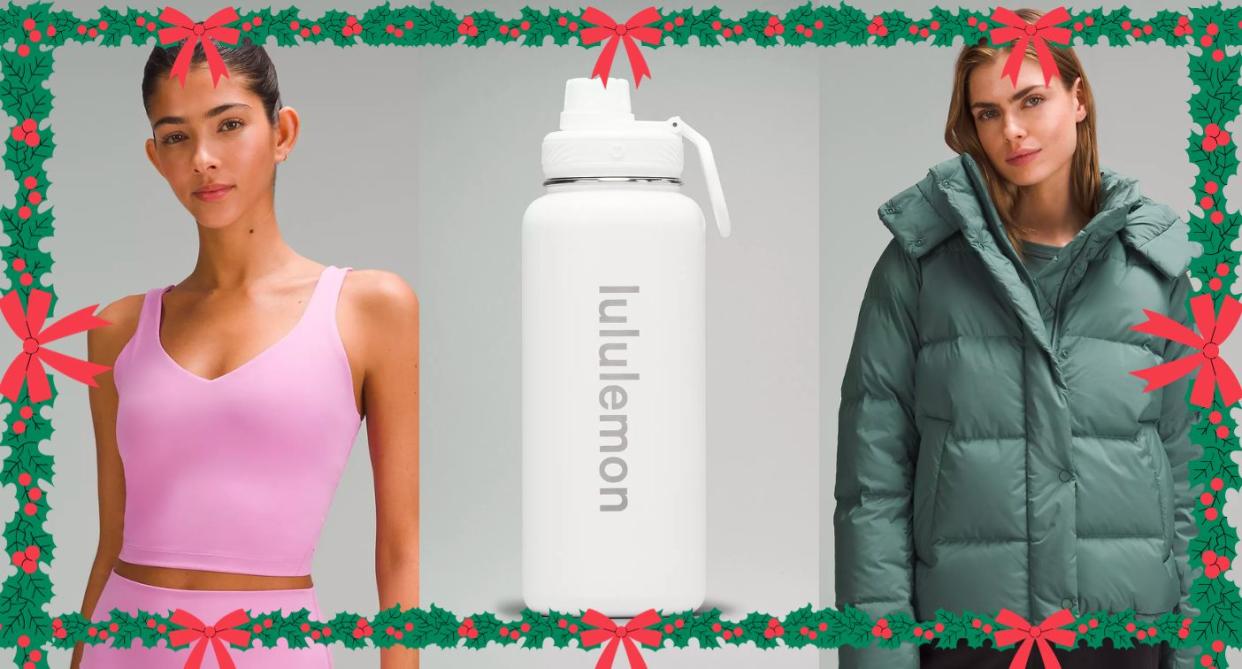 someone wearing a lululemon align tank, a water bottle, someone wearing a lululemon coat