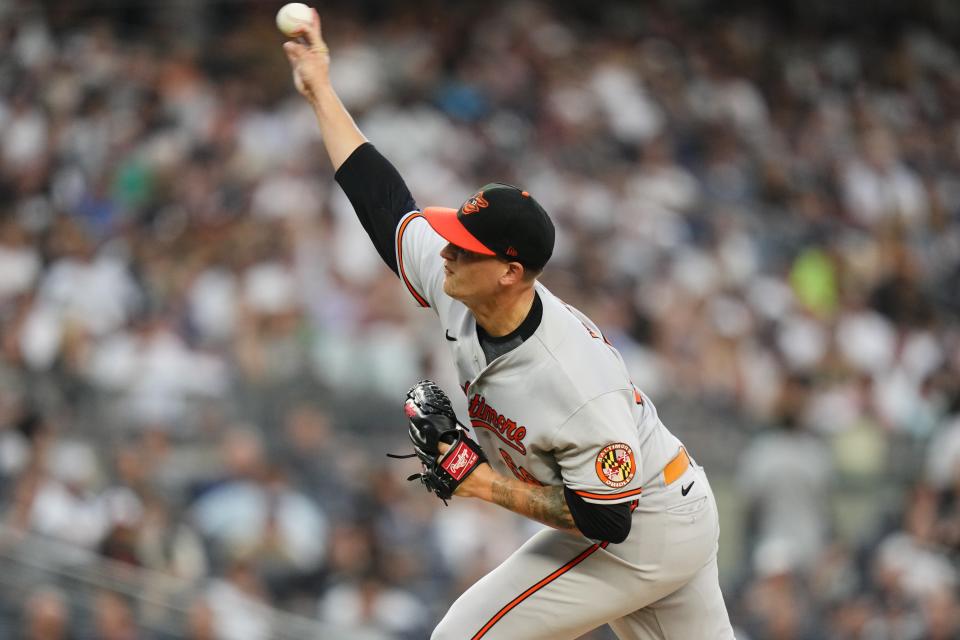 Baltimore Orioles' Tyler Wells pitches during the fourth inning of a baseball game against the New York Yankees, Monday, July 3, 2023, in New York. (AP Photo/Frank Franklin II)