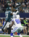 <p>Philadelphia Eagles safety Malcolm Jenkins (27) and Dallas Cowboys wide receiver Dez Bryant (88) watch as the Eagles’ Ronald Darby, top, intercepts a pass intended for Bryant in the first half of an NFL football game, Sunday, Nov. 19, 2017, in Arlington, Texas. (AP Photo/Ron Jenkins) </p>