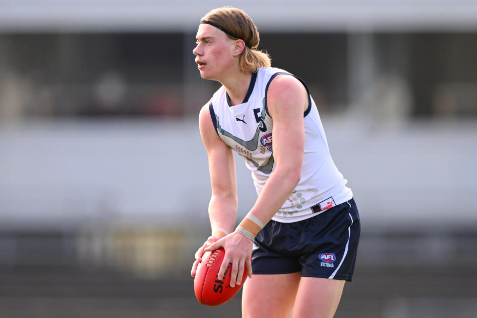 MELBOURNE, AUSTRALIA - JULY 16: Harley Reid of Vic Country takes possession of the ball during the 2023 U18 Boys Championships match between Vic Country and Vic Metro at Ikon Park on June 16, 2023 in Melbourne, Australia. (Photo by Morgan Hancock/AFL Photos via Getty Images)