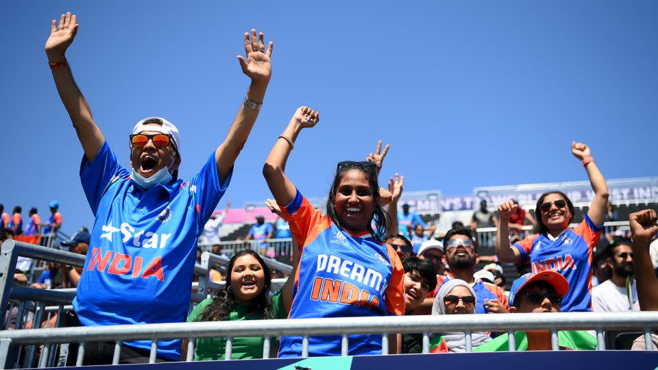 India supporters cheer during the ICC Men's T20 World Cup warm-up match with Bangladesh at Nassau County International Cricket Stadium, in New York, June 1. - Alex Davidson/ICC/Getty Images