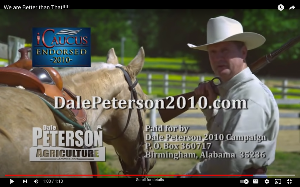 <span class="caption">In this 2010 political ad, Dale Peterson of Alabama appeared with a rifle on his shoulder.</span> <span class="attribution"><a class="link " href="https://www.youtube.com/watch?v=jU7fhIO7DG0" rel="nofollow noopener" target="_blank" data-ylk="slk:Dale Peterson;elm:context_link;itc:0;sec:content-canvas">Dale Peterson</a></span>