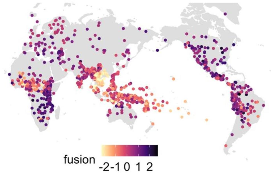 The global distribution of grammatical complexity. Closely related languages resemble each other’s scores (Olena Shcherbakova et al.)