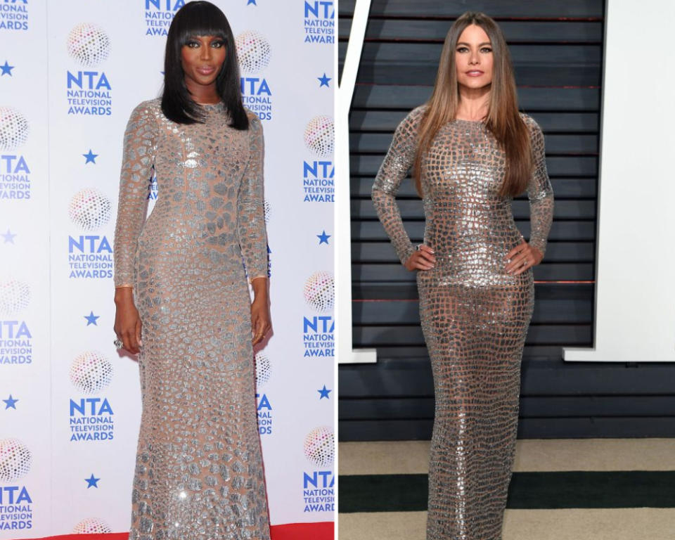 <p>Sofia Vergara trug zur Vanity Fair Oscar Party 2017 ein Kleid mit metallischem Krokodils-Muster von Michael Kors. Der Look stand Vergara ausgezeichnet und passte mit dem glänzenden Gold und Silber perfekt zum Oscar-Motto des Abends. Es gab nur einen kleinen Makel: Fans sahen es bereits vor drei Jahren an Naomi Campbell. Campbell wählte das gleiche Glitzerdress von Michael Kors, um 2014 die National Television Awards zu moderieren. Sie vervollständigte den Look mit nur ganz wenig Schmuck – ein einfacher und ein dickerer Goldring – während Vergara sich für Lorraine Schwartz Diamanten entschied. [Bild: PA] </p>