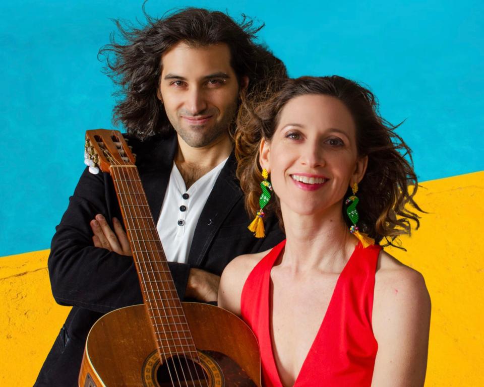 Multilingual vocalist/songwriter Eleanor Dubinsky, right, and virtuoso Argentine guitarist Dario Acosta Teich will present “A Night in Argentina” concert at the Cultural Center of Cape Cod.