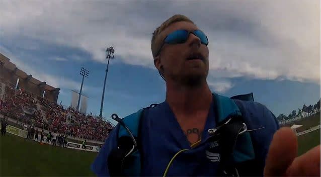 The professional skydiver looked relieved to be back on solid ground after the terrifying fall. Photo: YouTube
