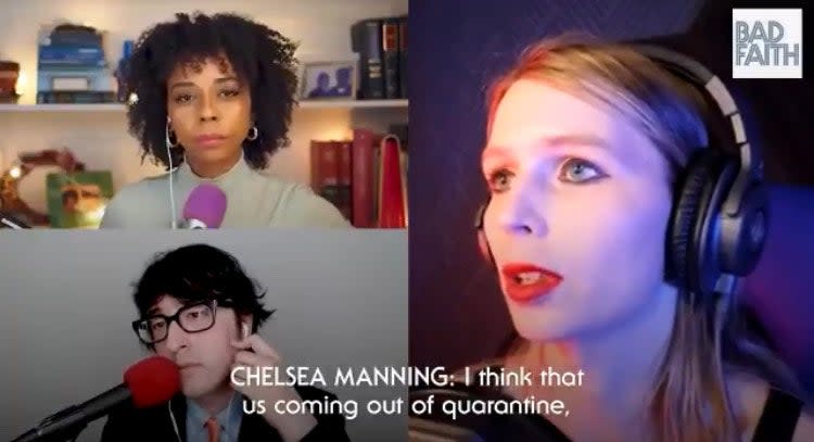 <p>Chelsea Manning, the former US Army officer turned Wikileaks whistleblower, pictured on the Bad Faith podcast discussing the psychological effect of lockdown compared to solitary confinement</p> (Bad Faith Podcast)