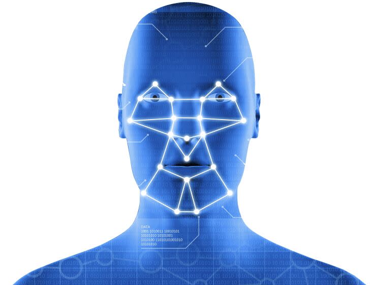 Facial recognition system showing a blue interface with a human head and biometrics data, with a grid of relevant points connected to facial features: used for survellaince, privacy control and identity tracking (Big Brother).