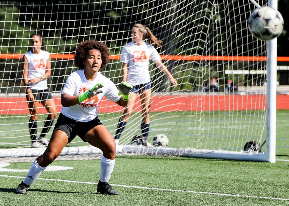 Oliver Ames' Janiya Matier makes the save during a practice on Thursday, August 31, 2023.