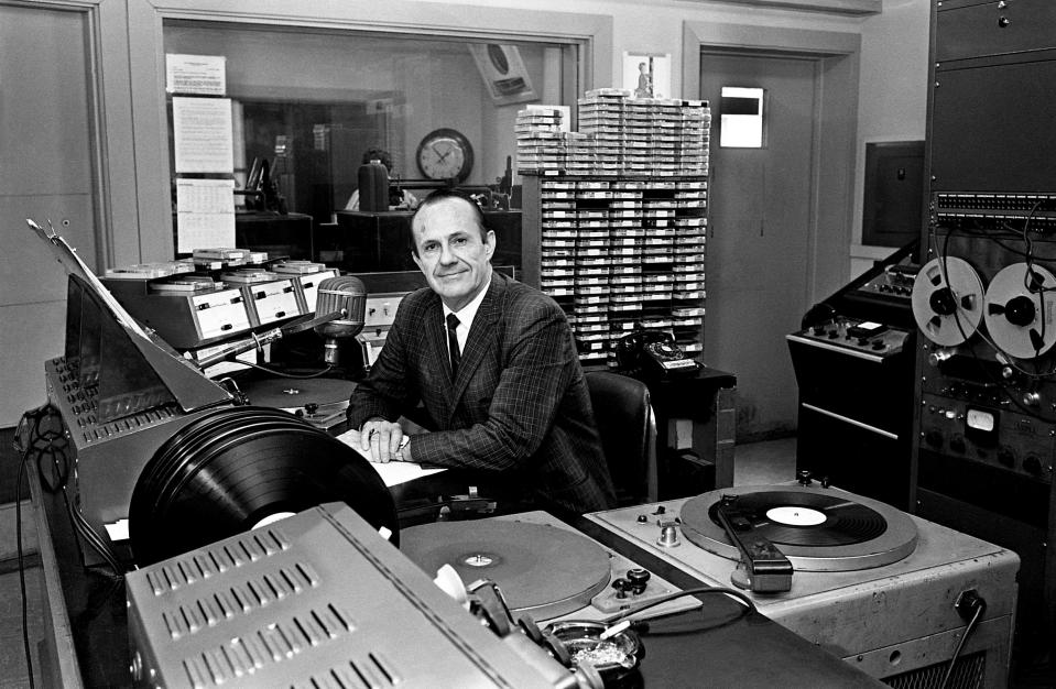 Disc jockey John Richbourg gets set to spin another rhythm and blues song as he does every night of the week except for Sunday at WLAC Radio station Aug. 17, 1966. Before turning to the turntable side of the radio world, John R did character parts in "Gangbusters" and radio soap operas such as "Our Gal Sunday" and "Lorenzo Jones."
