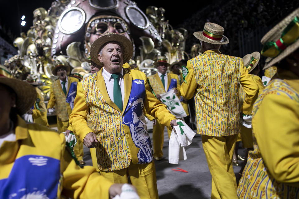 Performers from the Imperatriz Leopoldinense samba school parade during Carnival celebrations at the Sambadrome in Rio de Janeiro, Brazil, Tuesday, Feb. 21, 2023. (AP Photo/Bruna Prado)