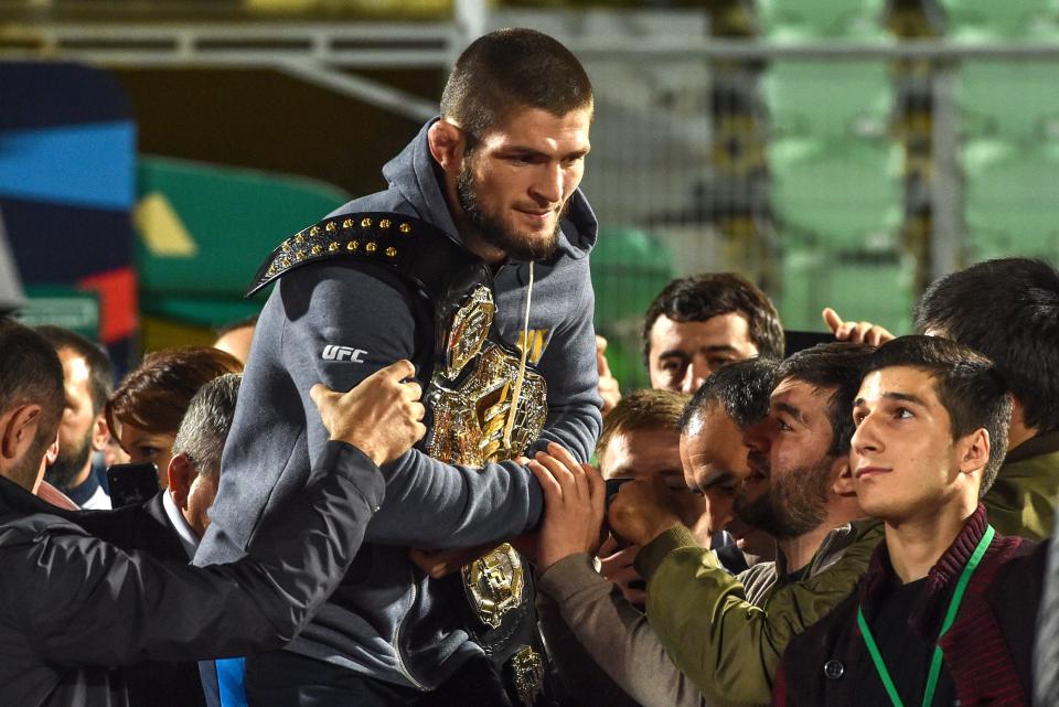 Khabib Nurmagomedov received a hero’s welcome at home in a stadium packed with thousands of fans celebrating his championship. (Getty)