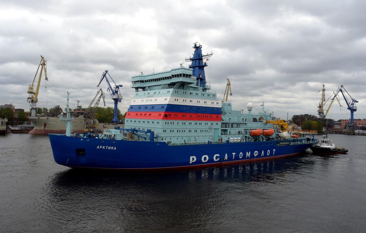Russia's nuclear-powered icebreaker Arktika leaves the port of Saint Petersburg on September 22, 2020 for its maiden voyage to its future home port of Murmansk in northwestern Russia, where it is expected in two weeks after undergoing tests of its performance en route. / Credit: OLGA MALTSEVA/AFP/Getty