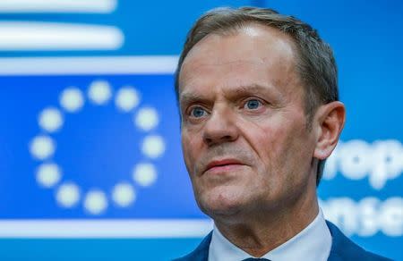 FILE PHOTO - European Council President Donald Tusk takes part in a news conference after being reappointed chairman of the European Council during a EU summit in Brussels, Belgium, March 9, 2017. REUTERS/Yves Herman/File Photo
